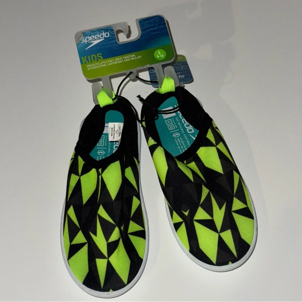 Bundle Speedo Kids Water Swim Sun Booties L & Swim Goggles Neon Green Age 3-6